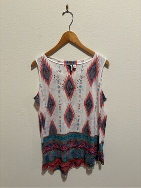 EST 1946 Sleeveless Aztec Print Tank Top - White with Teal & Coral Embellished